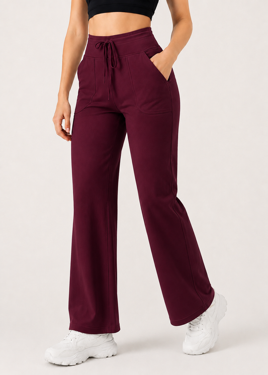 🌸 wine Korean Fit Active Pants | High-Waist Stretch Bottoms with Pockets