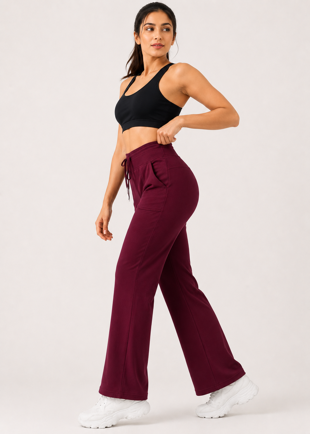 🌸 wine Korean Fit Active Pants | High-Waist Stretch Bottoms with Pockets