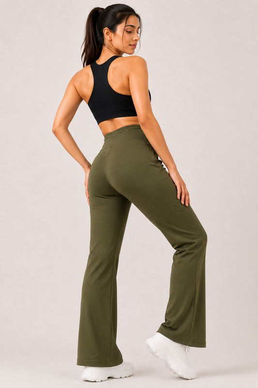 🌸 Olive green Korean Fit Active Pants | High-Waist Stretch Bottoms with Pockets