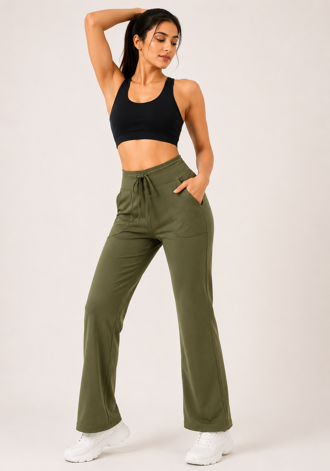 🌸 Olive green Korean Fit Active Pants | High-Waist Stretch Bottoms with Pockets