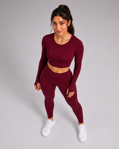 Wine 🏋️‍♀️ Activewear Cord Set | Long-Sleeve Crop Top & High-Waist Leggings