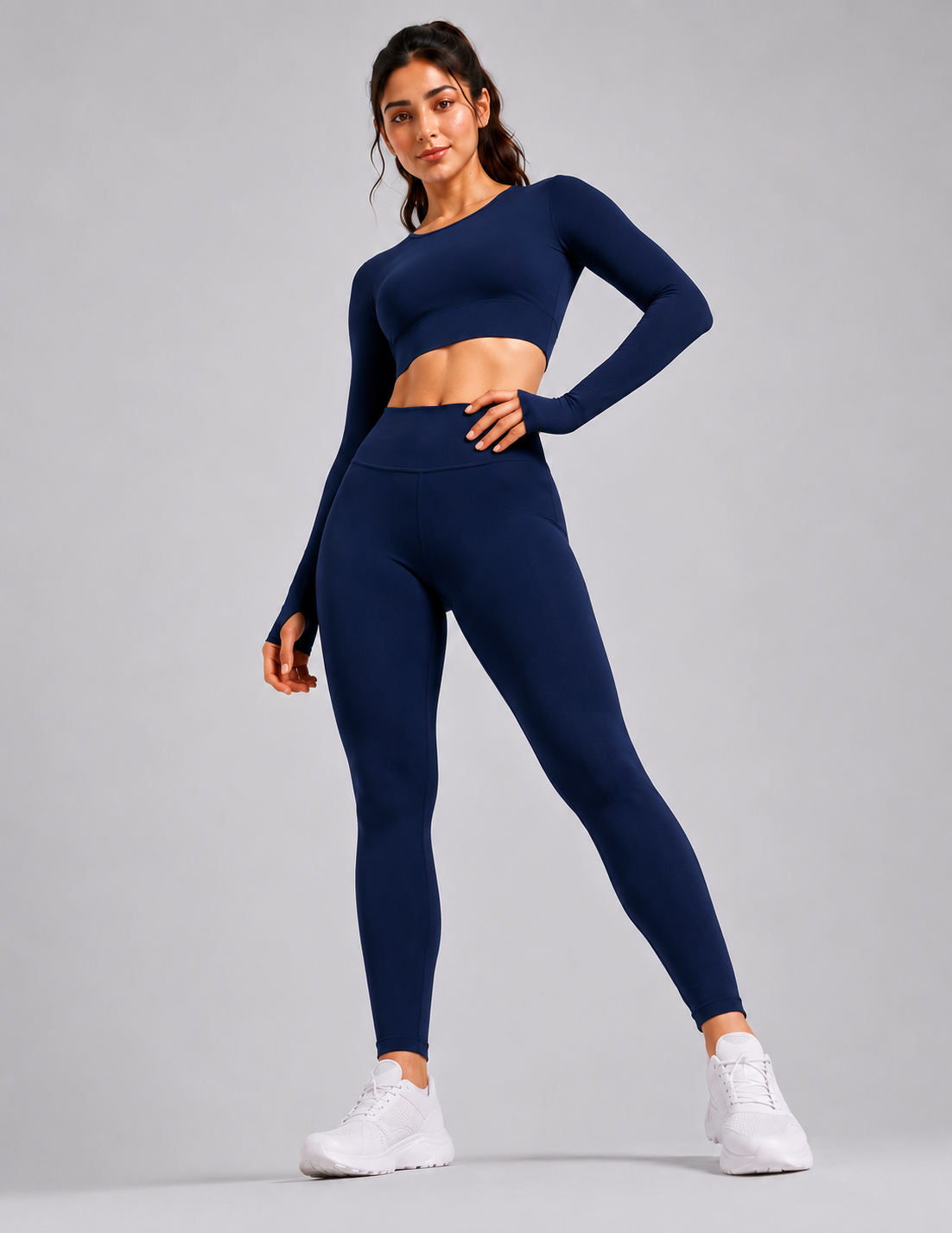 Navy 🏋️‍♀️ Activewear Cord Set | Long-Sleeve Crop Top & High-Waist Leggings