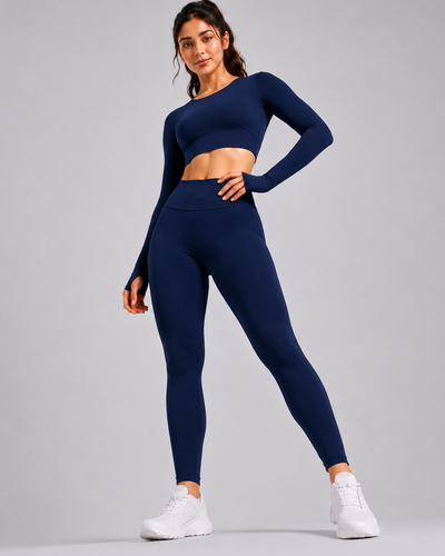 Navy 🏋️‍♀️ Activewear Cord Set | Long-Sleeve Crop Top & High-Waist Leggings