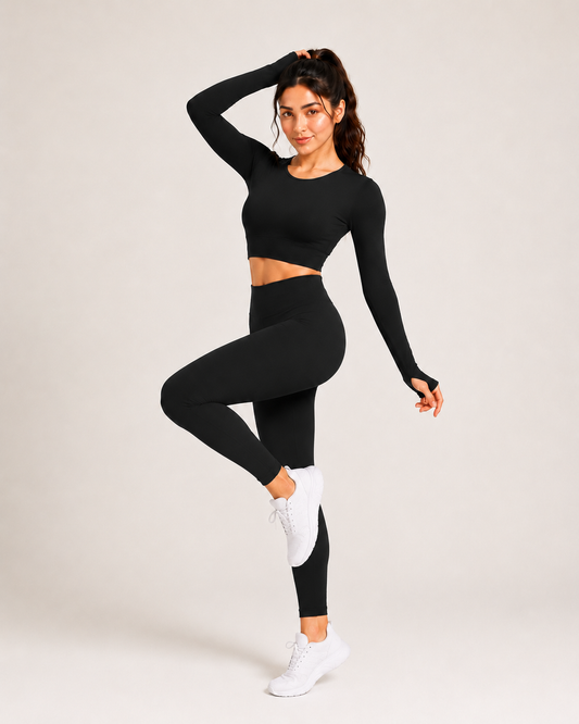 PREMIUM Black Activewear Cord Set | Long-Sleeve Crop Top & High-Waist Leggings