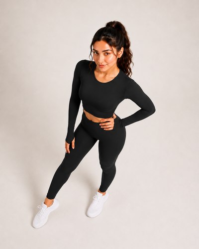 PREMIUM Black Activewear Cord Set | Long-Sleeve Crop Top & High-Waist Leggings