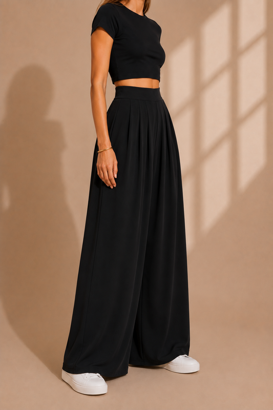 Pleated Wide-Leg Palazzo Pants – Black