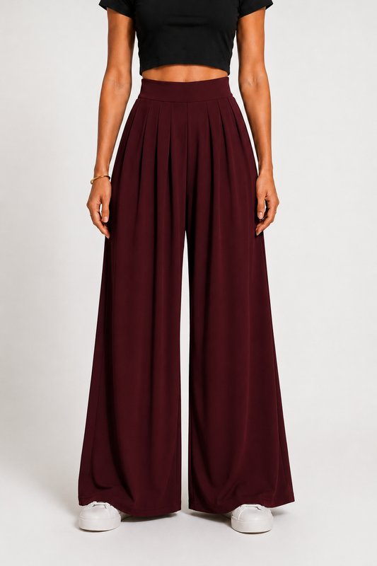 Pleated Wide-Leg Palazzo Pants – Wine