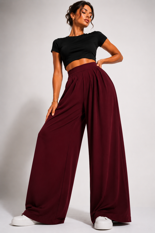 Pleated Wide-Leg Palazzo Pants – Wine