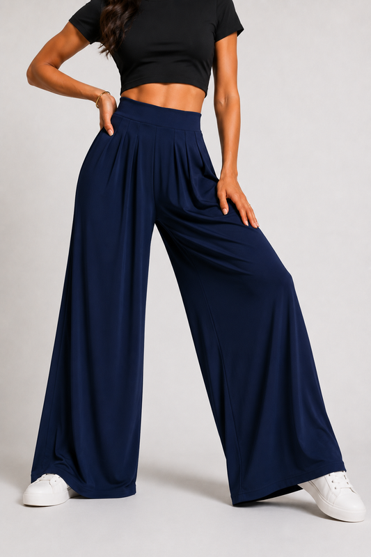 Pleated Wide-Leg Palazzo Pants –Navy