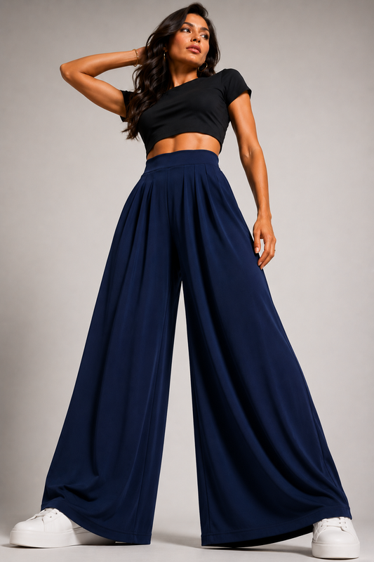 Pleated Wide-Leg Palazzo Pants –Navy