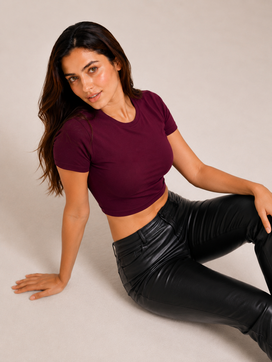 Wine Lycra Core Tee | Premium Stretch Top for Women