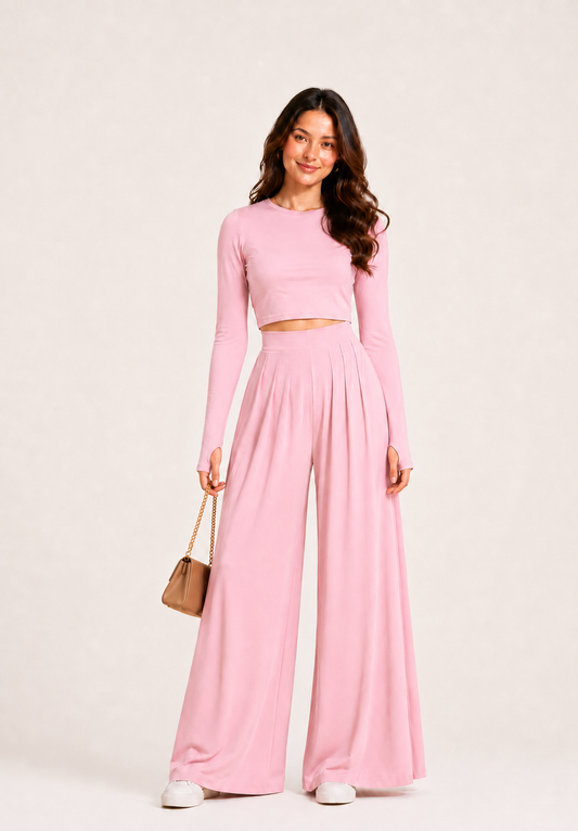 PREMIUM Baby pink full sleeves Lycra Cord Set | Top & Pleated Salwar-Style Bottoms