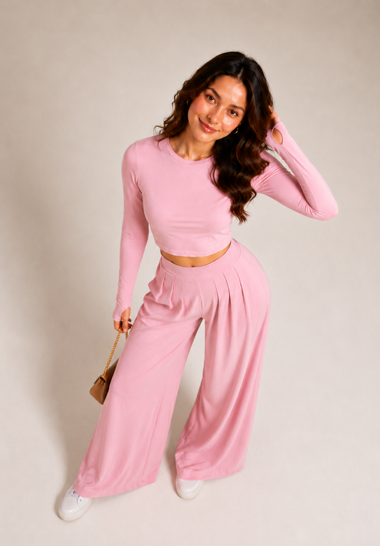 PREMIUM Baby pink full sleeves Lycra Cord Set | Top & Pleated Salwar-Style Bottoms