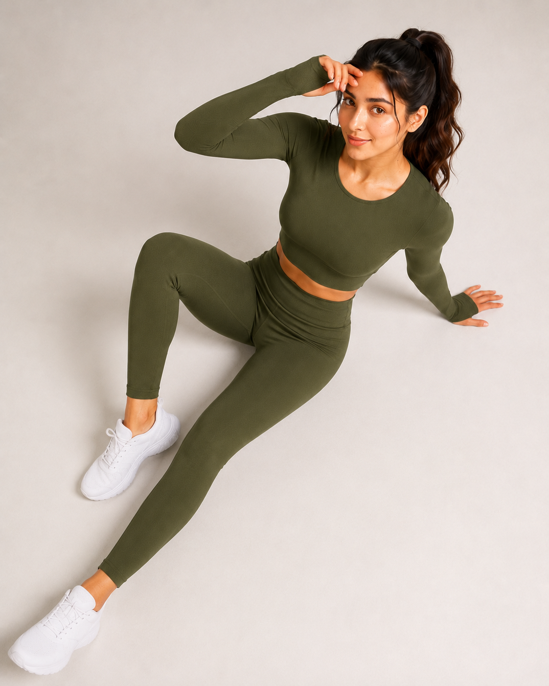 Olive green Activewear Cord Set | Long-Sleeve Crop Top & High-Waist Leggings