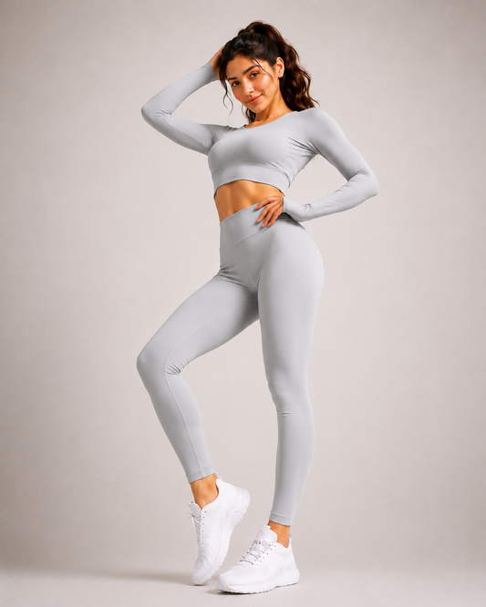 Space grey🏋️‍♀️ Activewear Cord Set | Long-Sleeve Crop Top & High-Waist Leggings