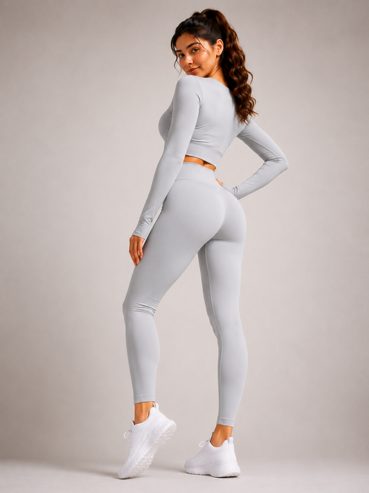 Space grey🏋️‍♀️ Activewear Cord Set | Long-Sleeve Crop Top & High-Waist Leggings