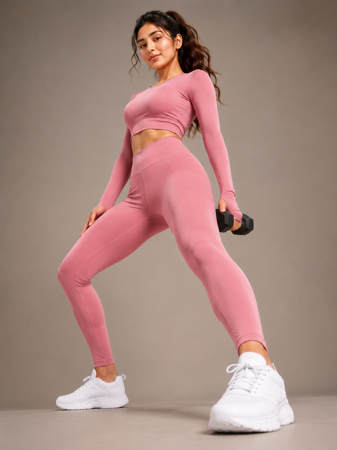 Rose Activewear Cord Set | Long-Sleeve Crop Top & High-Waist Leggings
