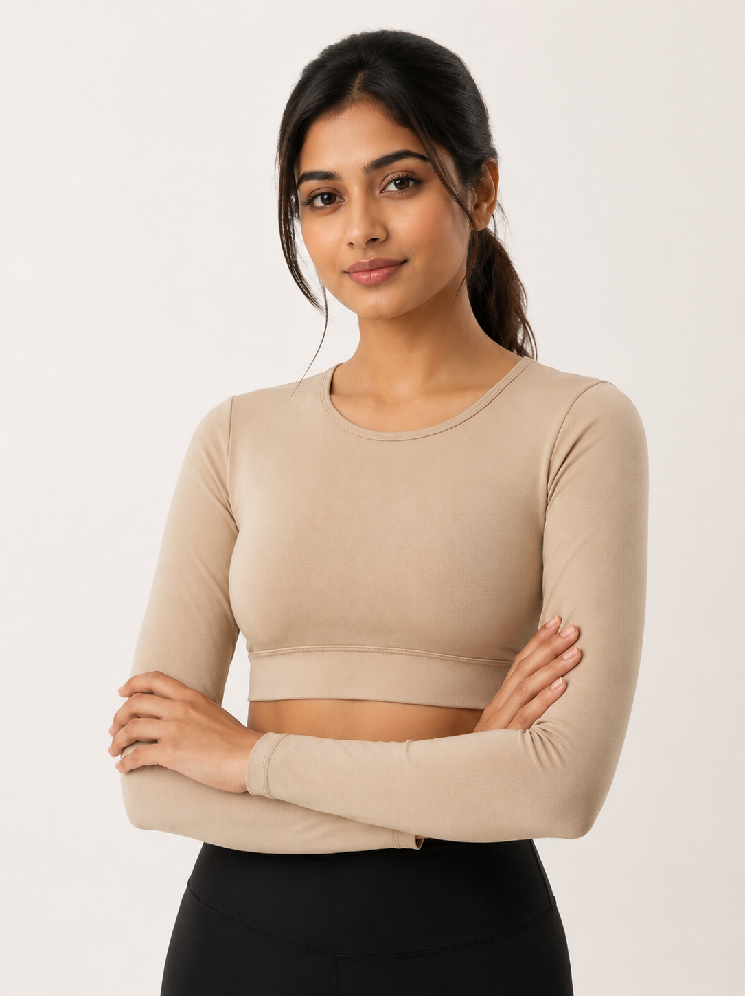 Beige Full Sleeve Athletic Crop Top | Performance Fit Activewear