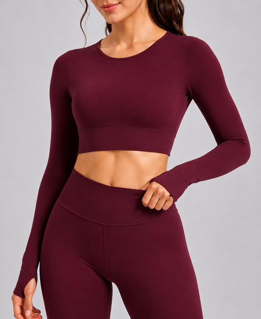 Wine 🏋️‍♀️ Activewear Cord Set | Long-Sleeve Crop Top & High-Waist Leggings