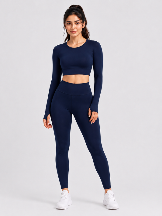 Navy 🏋️‍♀️ Activewear Cord Set | Long-Sleeve Crop Top & High-Waist Leggings