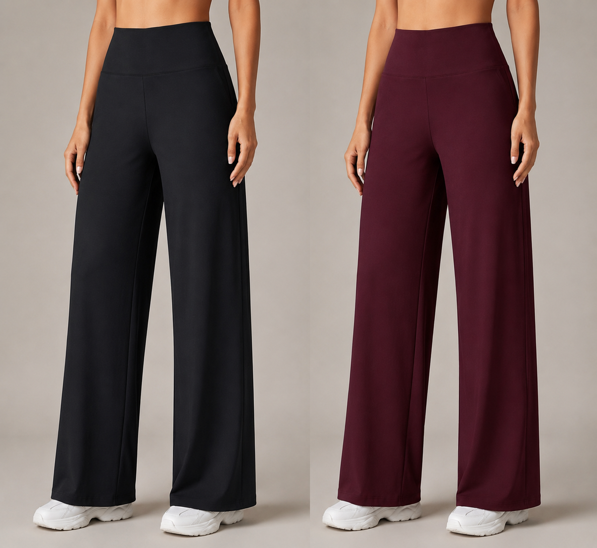 Pack of 2 Ultra-Flexible High-Waist Wide Leg Pants for Women (BLACK & WINE)