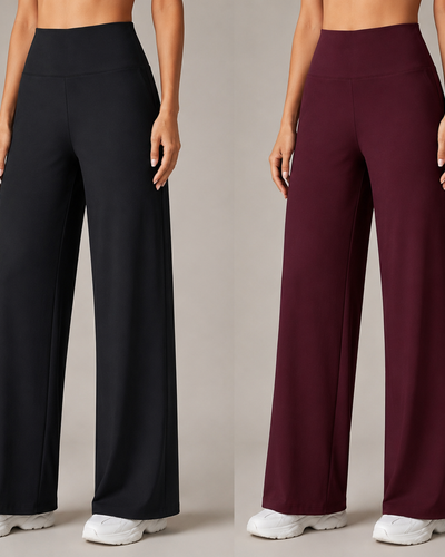Pack of 2 Ultra-Flexible High-Waist Wide Leg Pants for Women (BLACK & WINE)