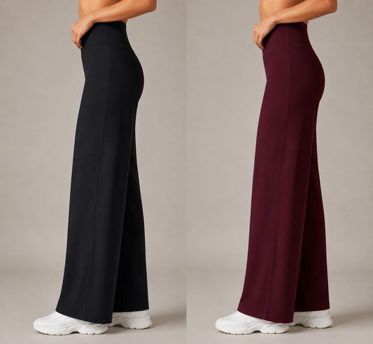 Pack of 2 Ultra-Flexible High-Waist Wide Leg Pants for Women (BLACK & WINE)