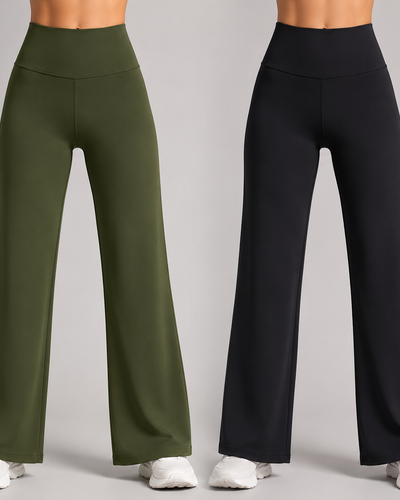 Pack of 2 Ultra-Flexible High-Waist Wide Leg Pants for Women ( BLACK & OLIVE)