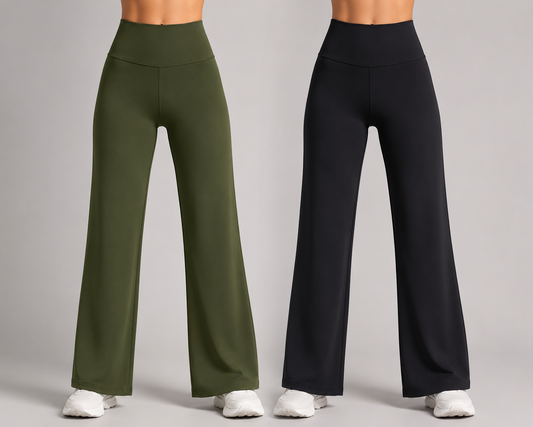 Pack of 2 Ultra-Flexible High-Waist Wide Leg Pants for Women ( BLACK & OLIVE)