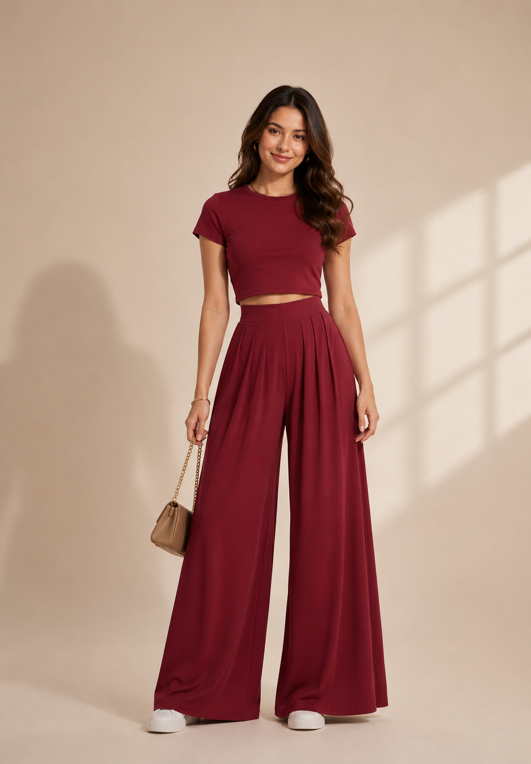 Wine Lycra Cord Set | Top & Pleated Salwar-Style Bottoms
