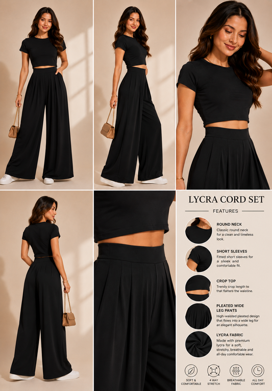 Black Lycra Cord Set | Top & Pleated Salwar-Style Bottoms