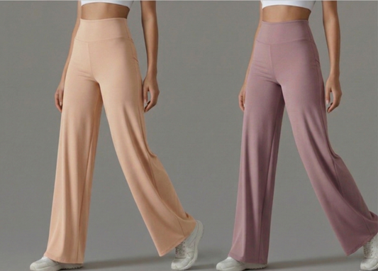 Pack of 2 Ultra-Flexible High-Waist Wide Leg Pants for Women ( Beige & Rose gold)