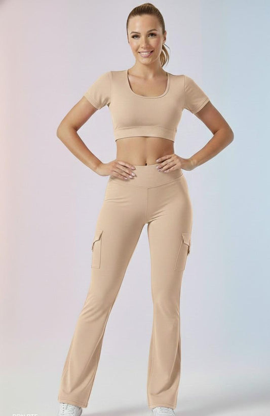 Beige Active Cord Set | Crop Top & Flare Jogger Leggings with Pockets