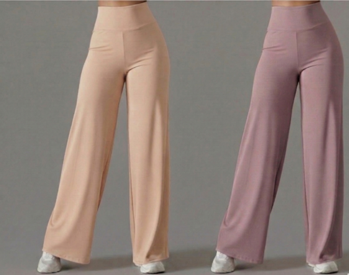 Pack of 2 Ultra-Flexible High-Waist Wide Leg Pants for Women ( Beige & Rose gold)