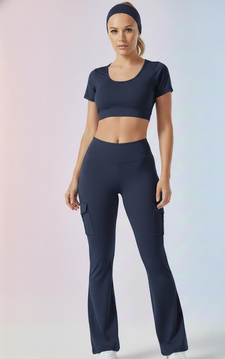 Beige Active Cord Set | Crop Top & Flare Jogger Leggings with Pockets