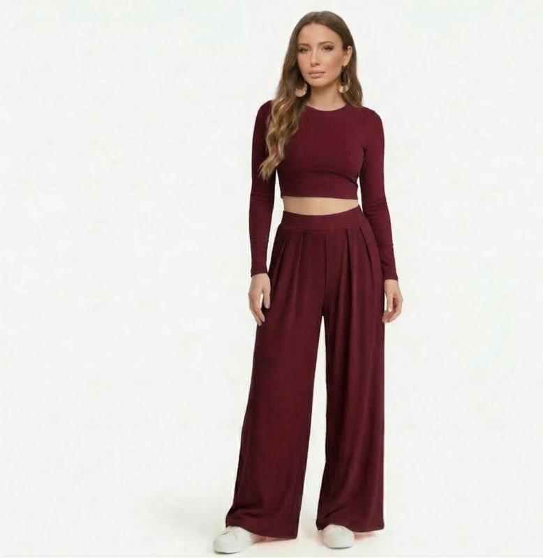 Wine full sleeves Lycra Cord Set | Top & Pleated Salwar-Style Bottoms