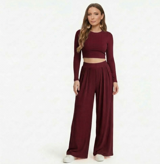 Wine full sleeves Lycra Cord Set | Top & Pleated Salwar-Style Bottoms