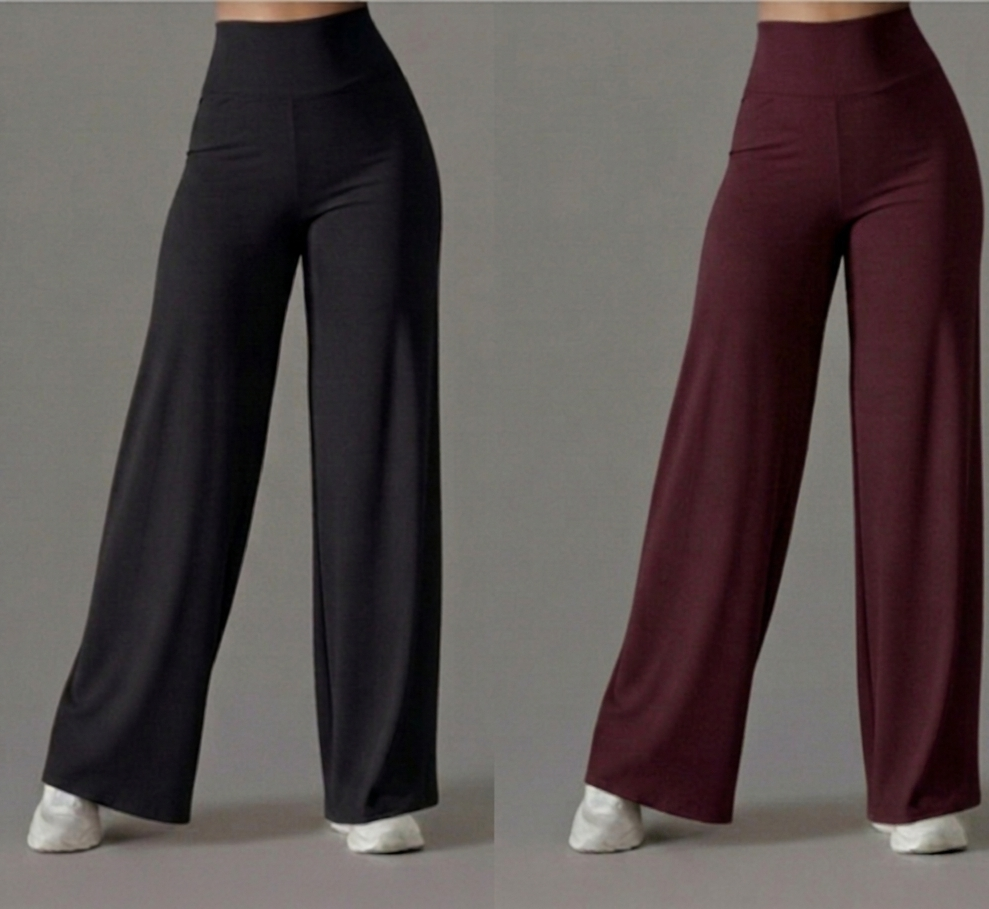Pack of 2 Ultra-Flexible High-Waist Wide Leg Pants for Women (BLACK & WINE)