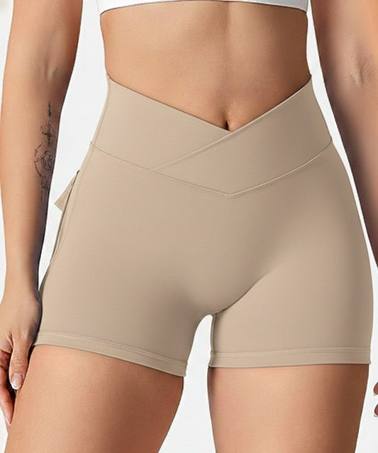 Beige High-Waist Sculpt Active Shorts with Pockets