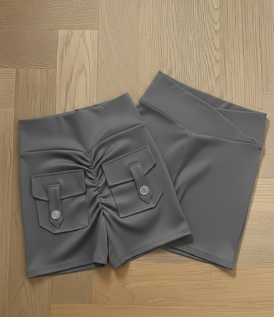 Grey High-Waist Sculpt Active Shorts with Pockets