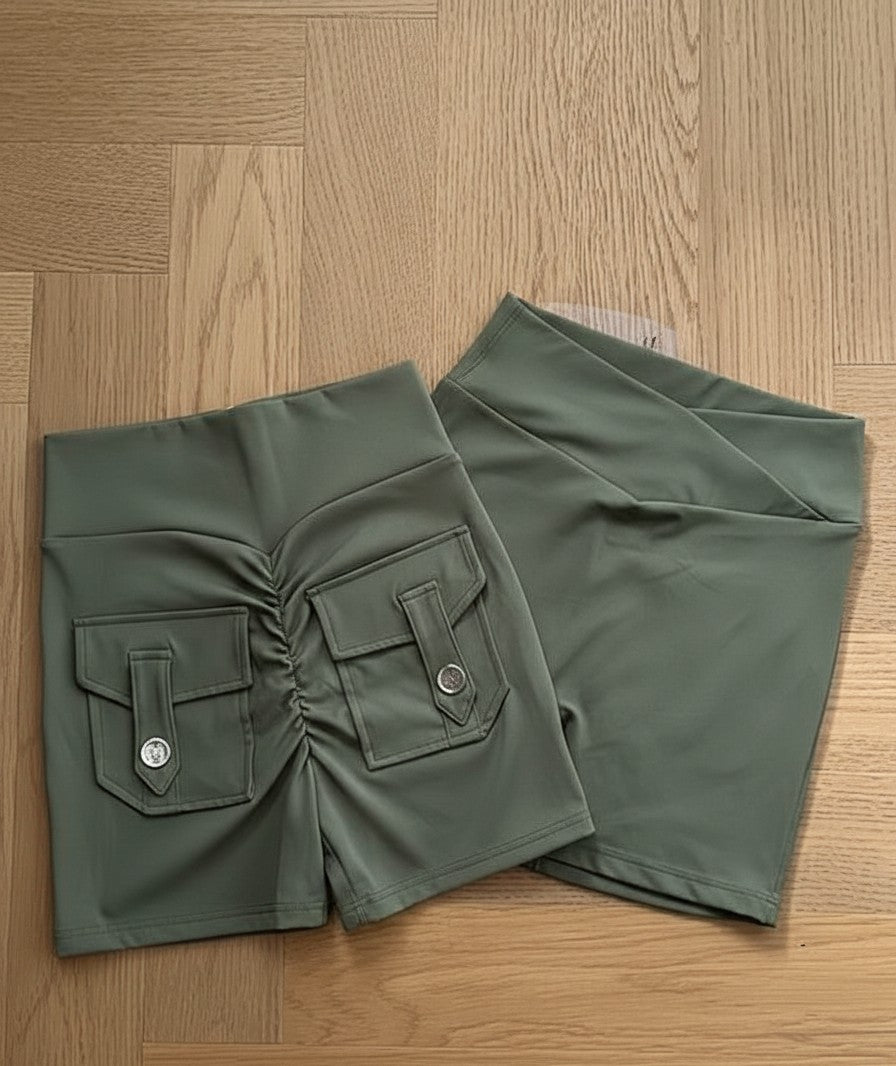 Olive green High-Waist Sculpt Active Shorts with Pockets