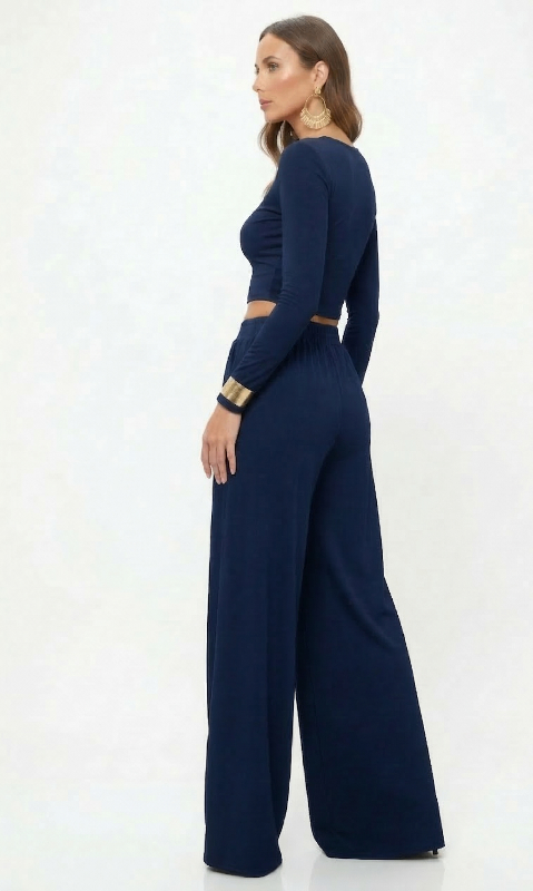 Navy Full sleeves Lycra Cord Set | Top & Pleated Salwar-Style Bottoms