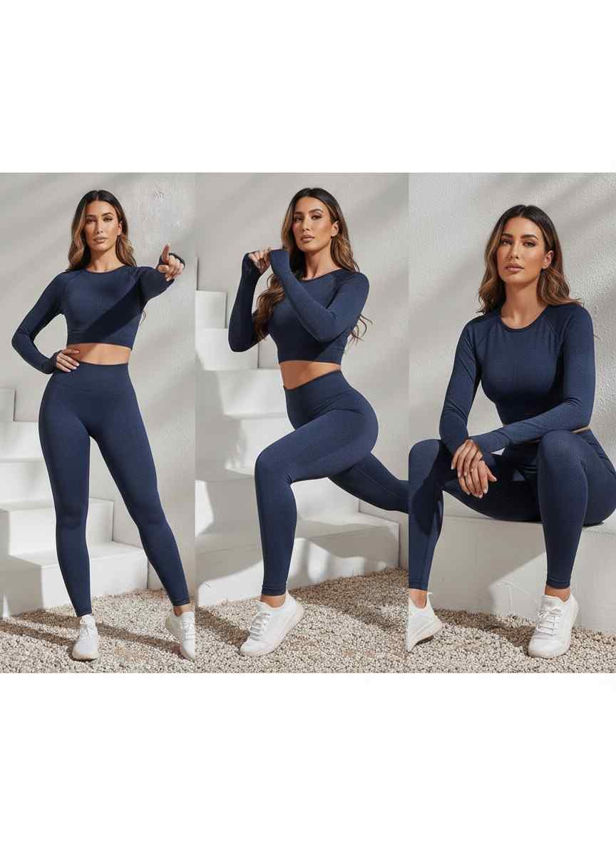 Beige Activewear Cord Set | Long-Sleeve Crop Top & High-Waist Leggings