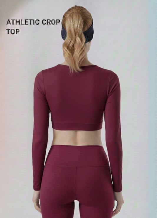 Wine Full Sleeve Athletic Crop Top | Performance Fit Activewear