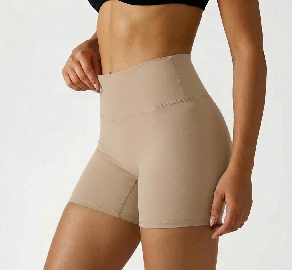 Beige High Waist Seamless Shorts – Stretchable Gym & Activewear Shorts