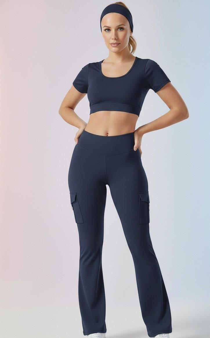 Olive green Active Cord Set | Crop Top & Flare Jogger Leggings with Pockets