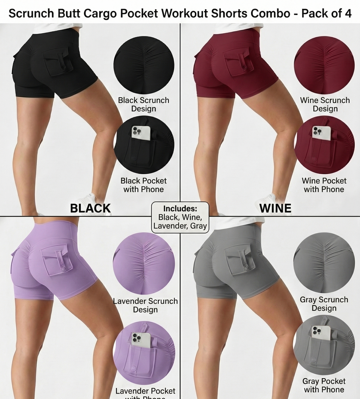 4-Pack cargo pocket Ruched Shorts ( Lavender,Gray,Black,Wine)