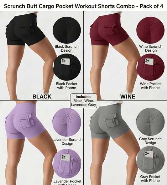 4-Pack cargo pocket Ruched Shorts ( Lavender,Gray,Black,Wine)