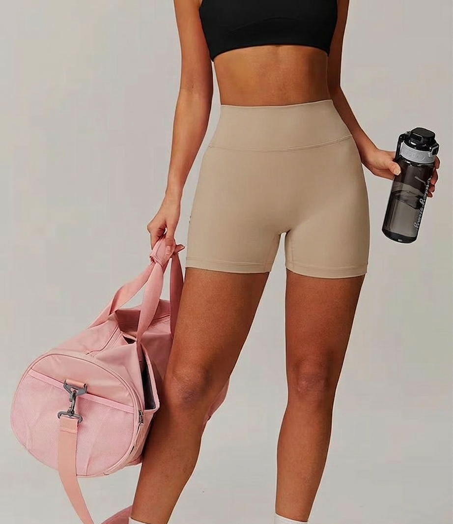 Beige High Waist Seamless Shorts – Stretchable Gym & Activewear Shorts