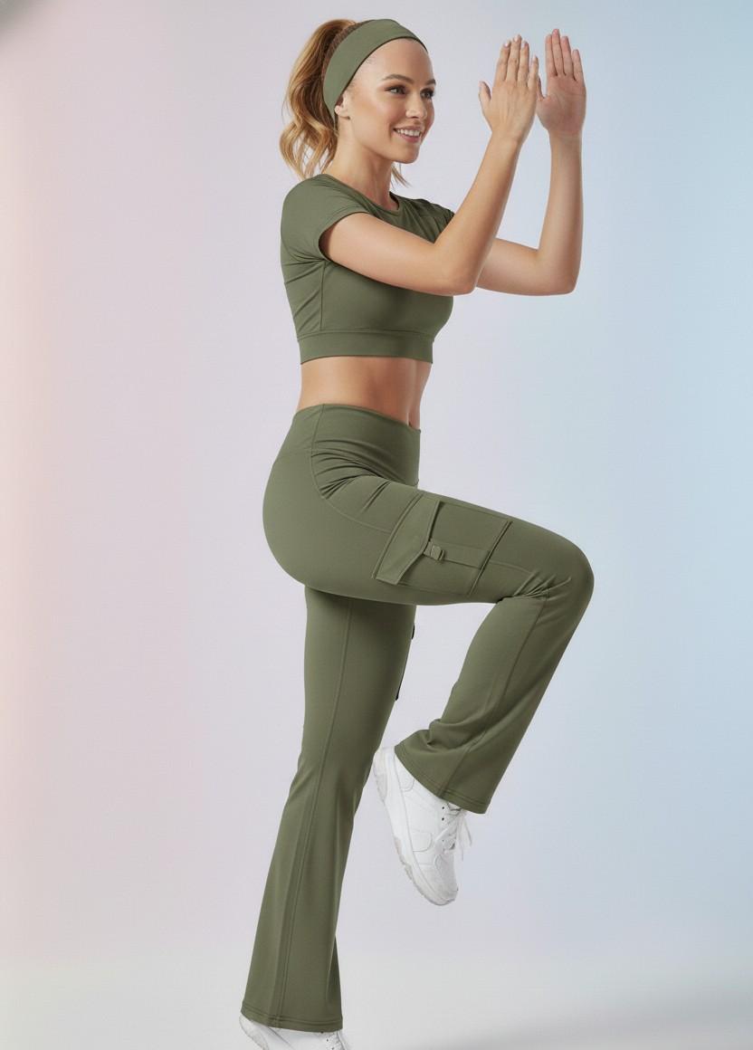 Beige Active Cord Set | Crop Top & Flare Jogger Leggings with Pockets